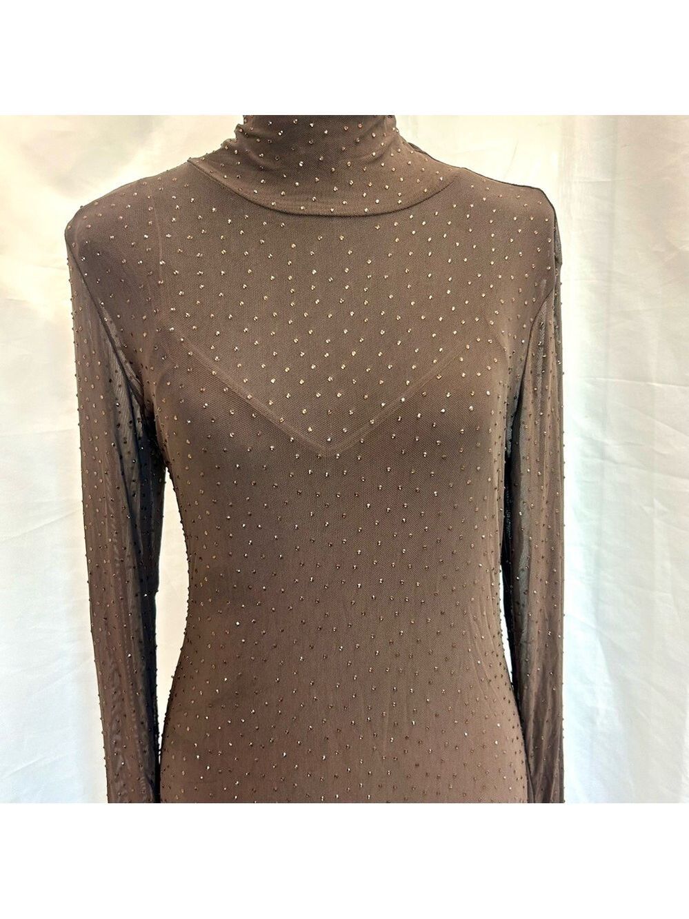 AFRM Los Angeles dark brown Shailene crystal Rhinestone embellished mesh Dress L - Picture 4 of 15